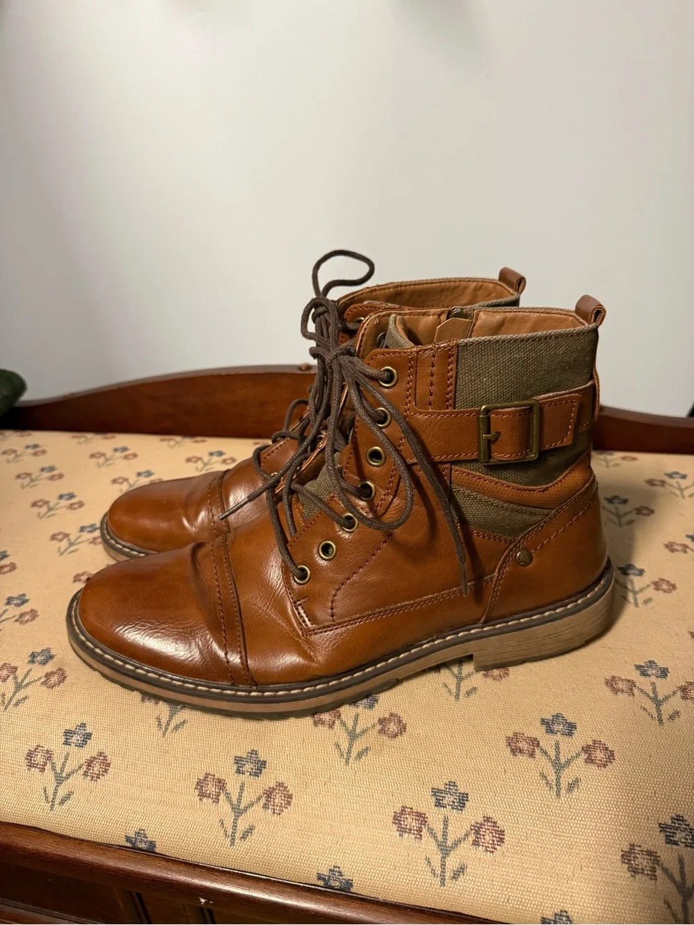 Steve Madden Tan Leather Lace-Up Combat Boots with Olive Fabric Panel
